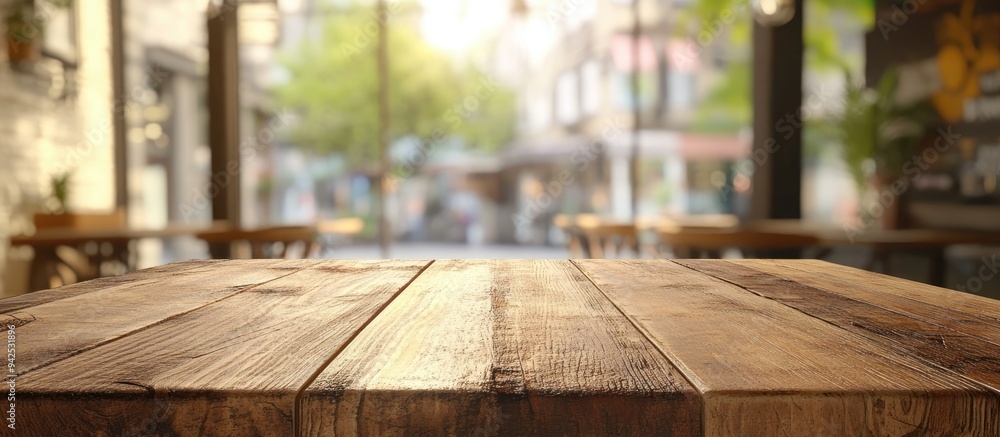 Poster 3D rendering of an empty wooden tabletop with an abstract blurred cafe backdrop