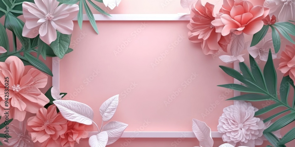 Poster 3d rendering of a frame designed for invitations or congratulatory messages featuring a bouquet of f