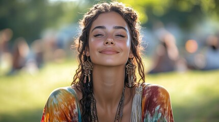 Stylish woman in tie-dye and layered jewelry at a music festival
