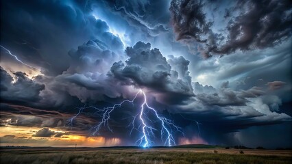 Dramatic storm with dark clouds and lightning striking in ominous sky
