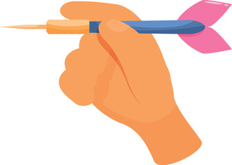 Hand is holding a blue dart with a pink feather, ready to be thrown at a target