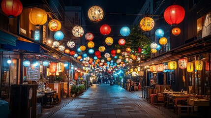 Vibrant night scene of Fukuoka famous lantern-lit street