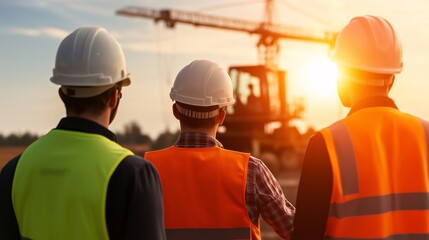 Construction Workers at Sunset:  Three construction workers in hard hats and safety vests stand in silhouette against a sunset,  a crane in the background. The image conveys a sense of hard work