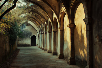 Obraz premium Mystical Arcade of Arches: A Cloister Curving Towards Serenity
