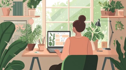 Fototapeta premium Woman Working at Her Desk in a Room Filled with Plants