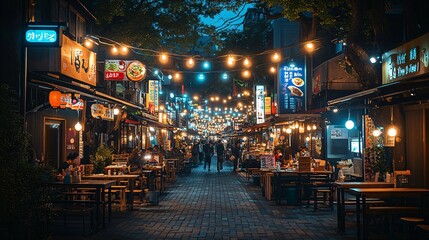 Vibrant night scene of Fukuoka famous lantern-lit street