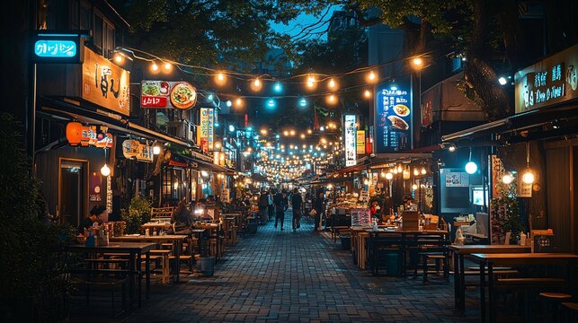 Vibrant night scene of Fukuoka famous lantern-lit street