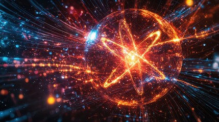 Fototapeta premium Energetic Nuclear Fission Reaction: Atomic Particles Scattering and Radiation Waves Dissipating