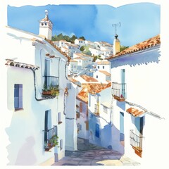 Obraz premium watercolor painting of a Spanish village with whitewashed buildings and narrow streets, on isolated white background