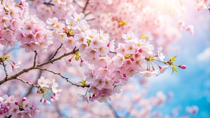 Delicate cherry blossoms in full bloom under a soft spring sky