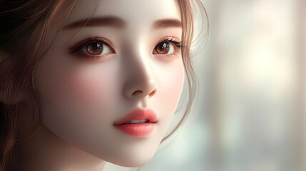 Close-up portrait of a young woman with brown eyes and pink lips.
