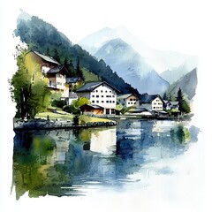 Fototapeta premium watercolor painting of an Austrian village by a serene lake with alpine scenery, on isolated white background