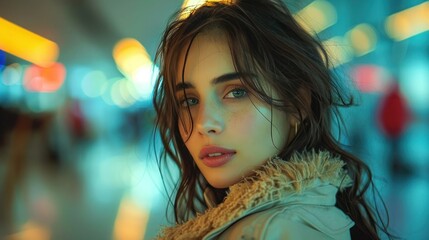 Fototapeta premium Traveling Young Woman Waiting for Flight in Airport Terminal