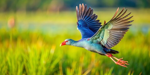 Grey headed swamphen gracefully flying over vibrant green wetlands, displaying its wings and feathers