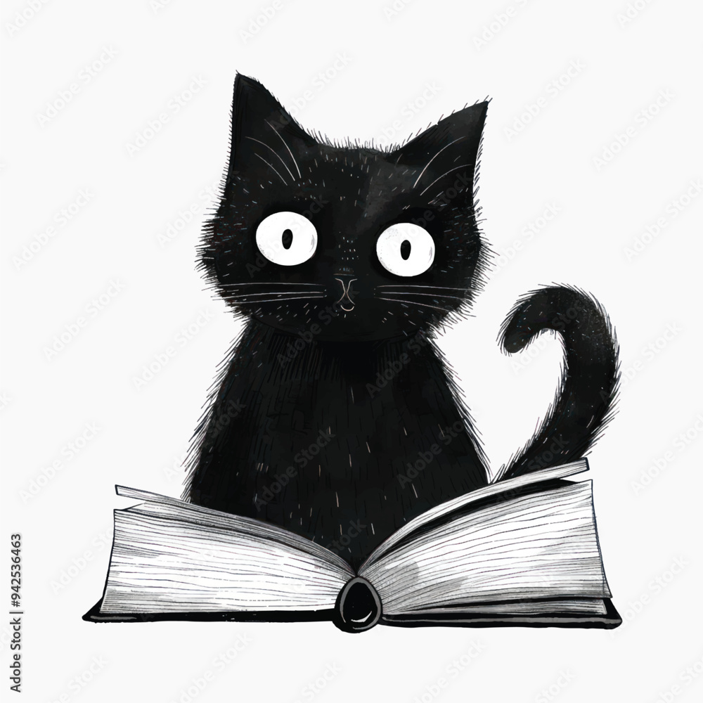 Sticker Curious black cat reading book