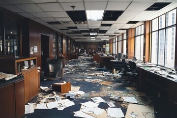 Show the aftermath of a market crash, with devastated investors, empty office spaces, and torn stock certificates