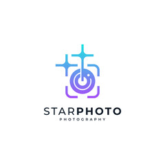 colorful and shiny camera with frame and star for photography studio logo	
