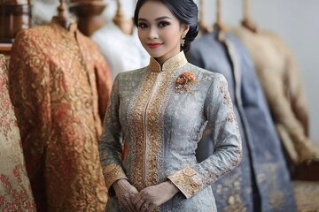 Elegant Woman in Traditional Lace Attire with Floral Decor