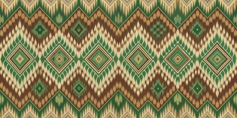 Elegant green and brown ikat pattern with intricate geometric design, ikat, pattern, green, brown, elegant, intricate