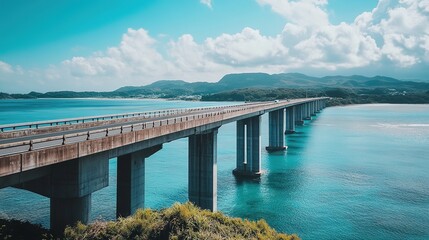 Obraz premium Scenic View of Okinawa Bridge in Japan, Featuring a Majestic Architectural Structure Against a Beautiful Natural Backdrop, Showcasing the Unique Beauty and Engineering of the Region