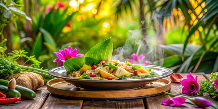 Soft focus on a steaming plate of Kaeng Kari Gai surrounded by lush greenery and vibrant floral arrangements in a serene outdoor atmosphere