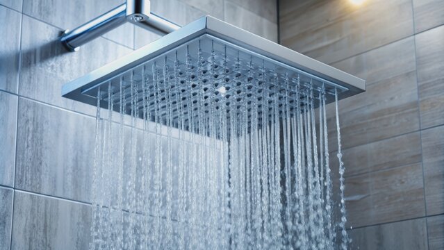 Square shower head in a modern bathroom with frozen water movement , water, square, shower head, modern, bathroom, frozen