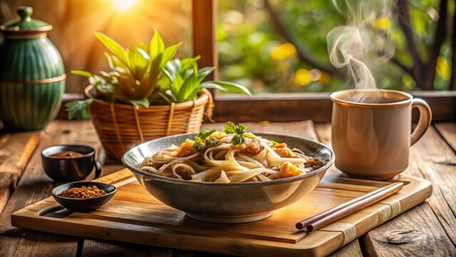 Warm and cozy morning kitchen scene with freshly cooked Kuay Teow and steaming hot coffee in soft natural light