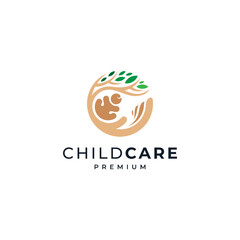 baby hugging hands and tree for child care, orphanage and adoption logo