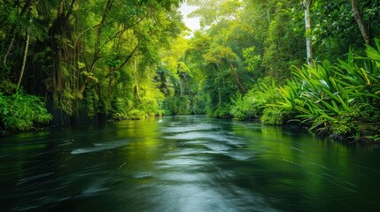 Fototapeta premium Enchanted Jungle Oasis. Serene river flowing through a dense jungle, lush green foliage on both...