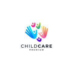 colorful and cheerful hands and children for child care, education, social and orphanage logo