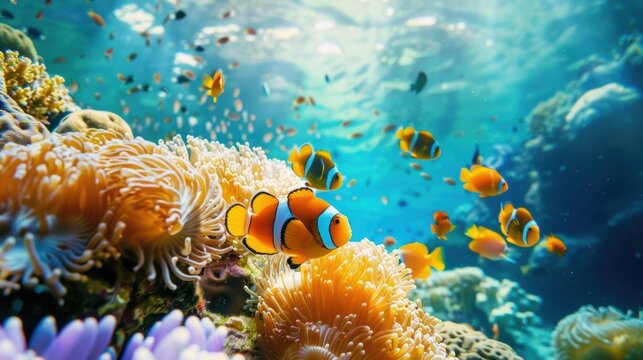 Clown anemonefish, Amphiprion ocellaris, swimming in the sea.