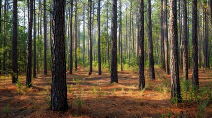 Naklejka premium Pine forest in the morning. Beautiful landscape with trees and sunlight