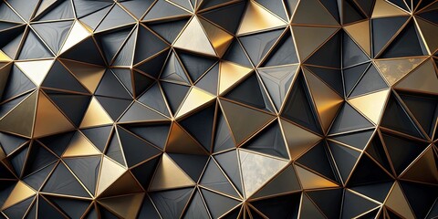 Geometric abstract art with black and gold triangles in render, featuring a complex geometric pattern background