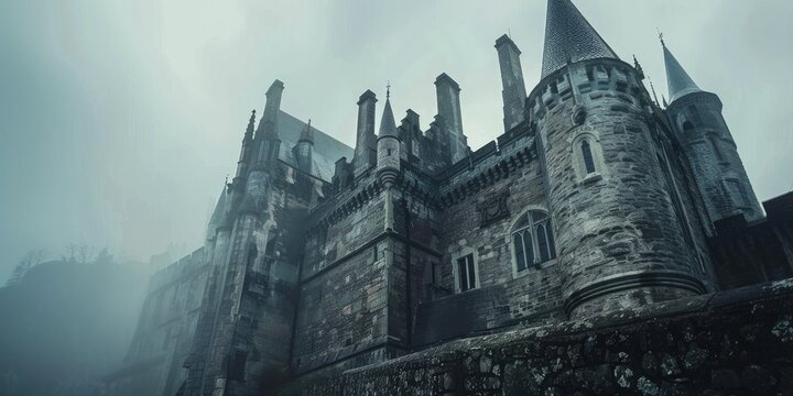 European castle palace under overcast sky Castle palace edifice