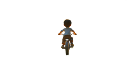 Little boy riding bicycle away from camera transparent background