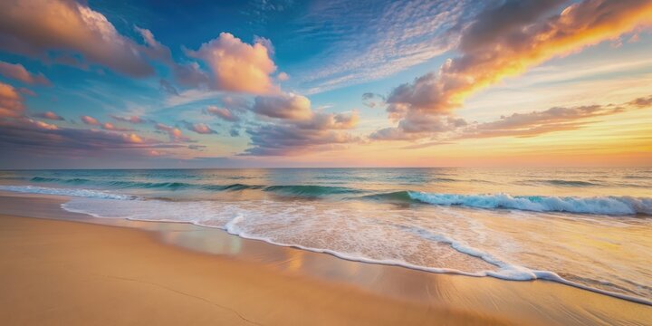 Tranquil beach scene with pastel sky, gentle waves, and soft light reflecting off the sand, serene, beach, scene, pastel, sky