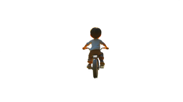 Little boy riding bicycle away from camera transparent background