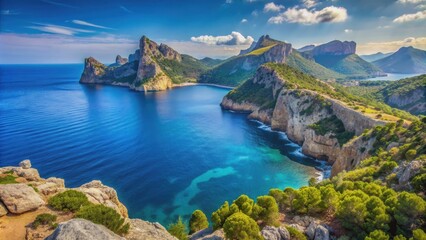 Obraz premium Scenic view of the Mediterranean Sea with rocky shores at Cap Formentor, Majorca, Spain