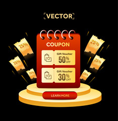 3d golden coupons with coupon code, percentage off on a calendar, surrounding coupons flying up on a stage, isolated on dark background. Gift voucher giveaway banner template for big sale off event