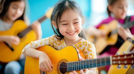 Smiling girls playing guitar, learning musical instrument together generated by AI