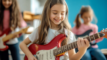Fototapeta premium Smiling playing guitar, learning musical instrument together generated by AI