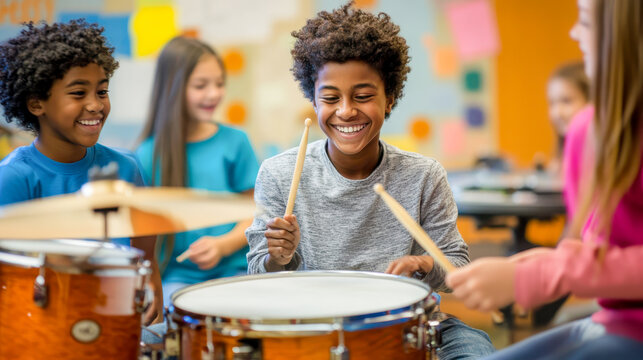Adorable toddler with a bright smile playing a red drum set, holding drumsticks in a music classroom, embodying the joy of early childhood music education. Happy Toddler Playing Drums in Music Class