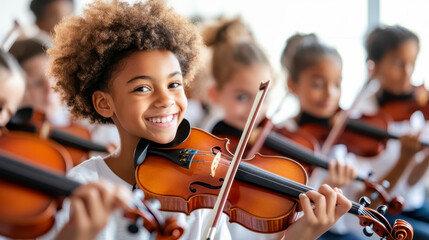 Full of joy. Cheerful content little girl holding fiddle bow and violin while learning to play