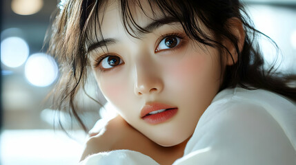 Naklejka premium Close-up portrait of a young woman with long black hair looking at the camera.