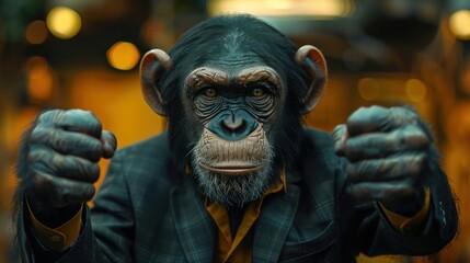 Business-Minded Monkey Giving Thumbs Up in Photobashing Style Portrait