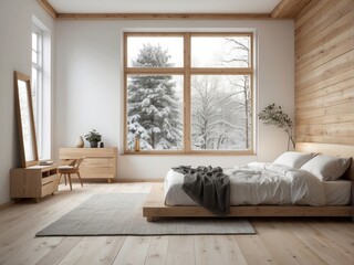 Fototapeta premium Modern bedroom with wooden accents and a snowy forest view
