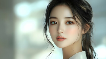 Fototapeta premium Close-up portrait of a young woman with long black hair, looking directly at the camera with a soft expression.