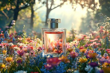 A high-resolution 3D render of a perfume glass bottle standing on a bed of vibrant wildflowers in a meadow. The bottle is elegantly designed, with reflections of the colorful flowers visible on its