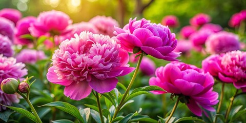 Vibrant pink peonies in full bloom in a beautiful floral garden setting