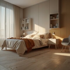 The image shows a neatly arranged bedroom with natural light, modern decor, and a cozy ambiance. The large window and minimalist furnishings create a serene retreat, perfect for relaxation.